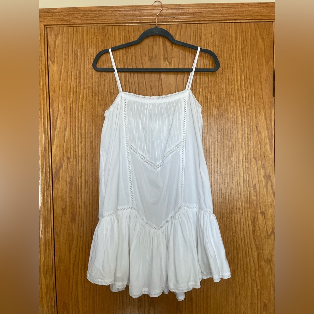 Tularosa White Spaghetti Strap Ruffle Hem Mini Dress